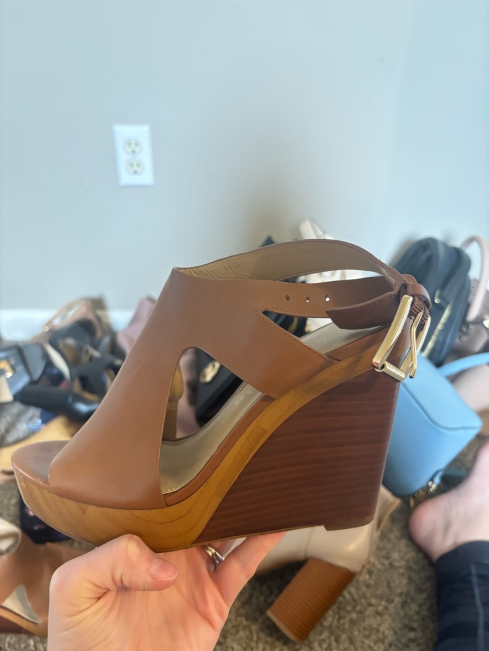 Michael Kors Brown Leather Cutout Wedge Sandals with Gold Buckle